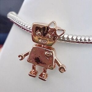 Gold Robot Girl White Bow Bead Charm Fits Snake Chain Bracelet